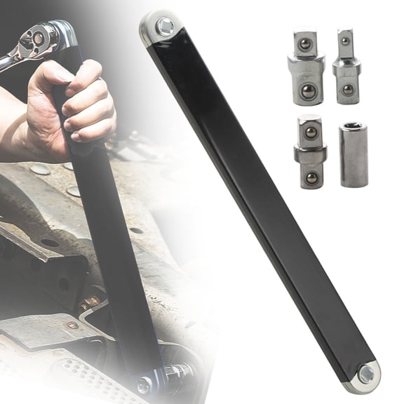 Denhf Offset Extension Wrench, Tight Reach Extension Wrench Set with 1/2", 1/4", 3/8" Square Drive Adapters and 1/4" Socket, Zero Degree Ratchet Wrench for Tight Spaces and Car, 15.7", Black