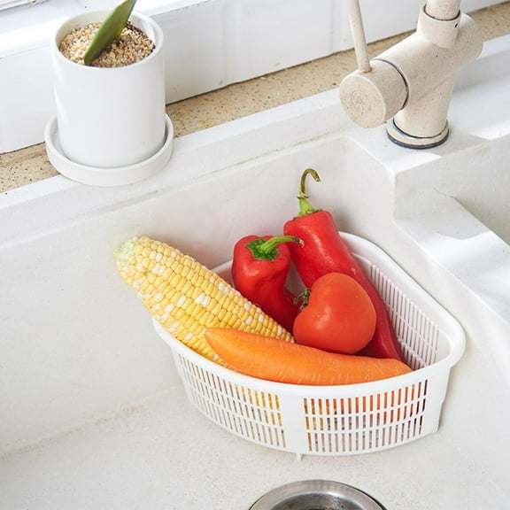 Denhf Triangular Sink Strainer Basket, Plastic Corner Sink Drain Basket for Food Waste, Sink Food Catcher Basket for Washing Vegetables and Fruits, White