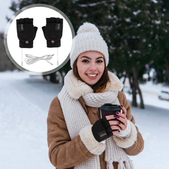 Denhf Unisex USB Heated Gloves, Rechargeable Full and Half Fingers Heating Gloves, Winter Hand Warmer Heat Gloves for Women Men, Portable Heated Mittens, Gifts for Cold People, Black