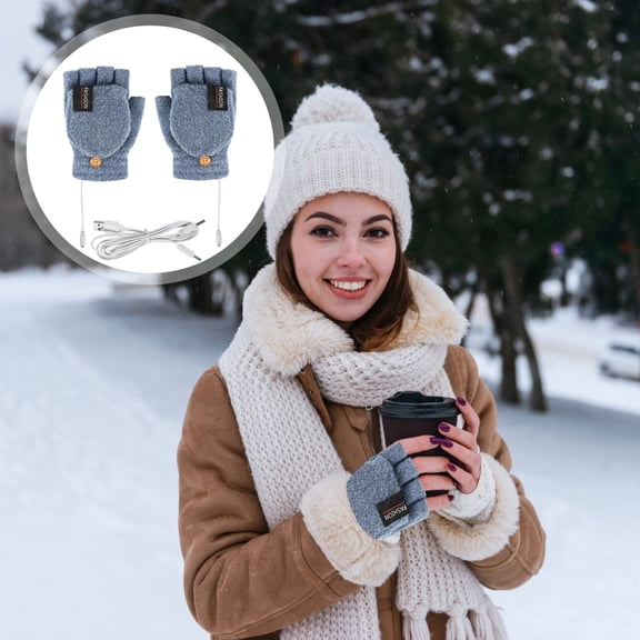 Denhf Unisex USB Heated Gloves, Rechargeable Full and Half Fingers Heating Gloves, Winter Hand Warmer Heat Gloves for Women Men, Portable Heated Mittens, Gifts for Cold People, Light Blue