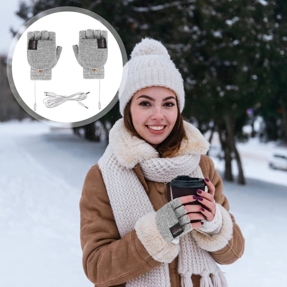 Denhf Unisex USB Heated Gloves, Rechargeable Full and Half Fingers Heating Gloves, Winter Hand Warmer Heat Gloves for Women Men, Portable Heated Mittens, Gifts for Cold People, Gray