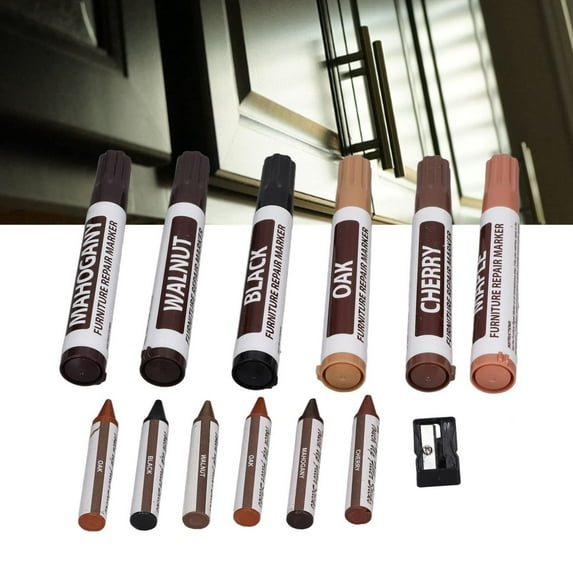 Denhf Wood Floor Scratch Repair Kit, Set of 13, Wood Markers Furniture Repair Set with 6 Wood Markers, 6 Wax Sticks, and Sharpener, Furniture Markers Touch Up for Any Wood, Furniture Pens, 6 Colors