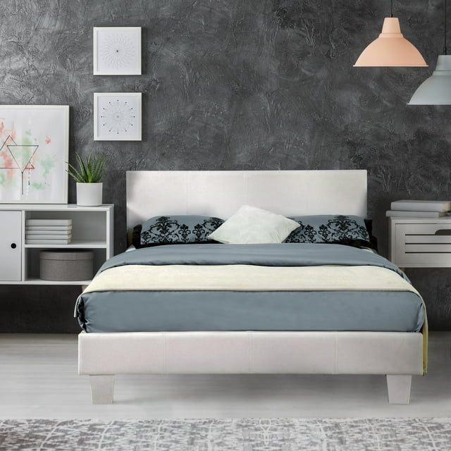 Denhour Anita I Contemporary Faux Leather Upholstered Platform Kids Bed White Full Transitional, Modern & Contemporary