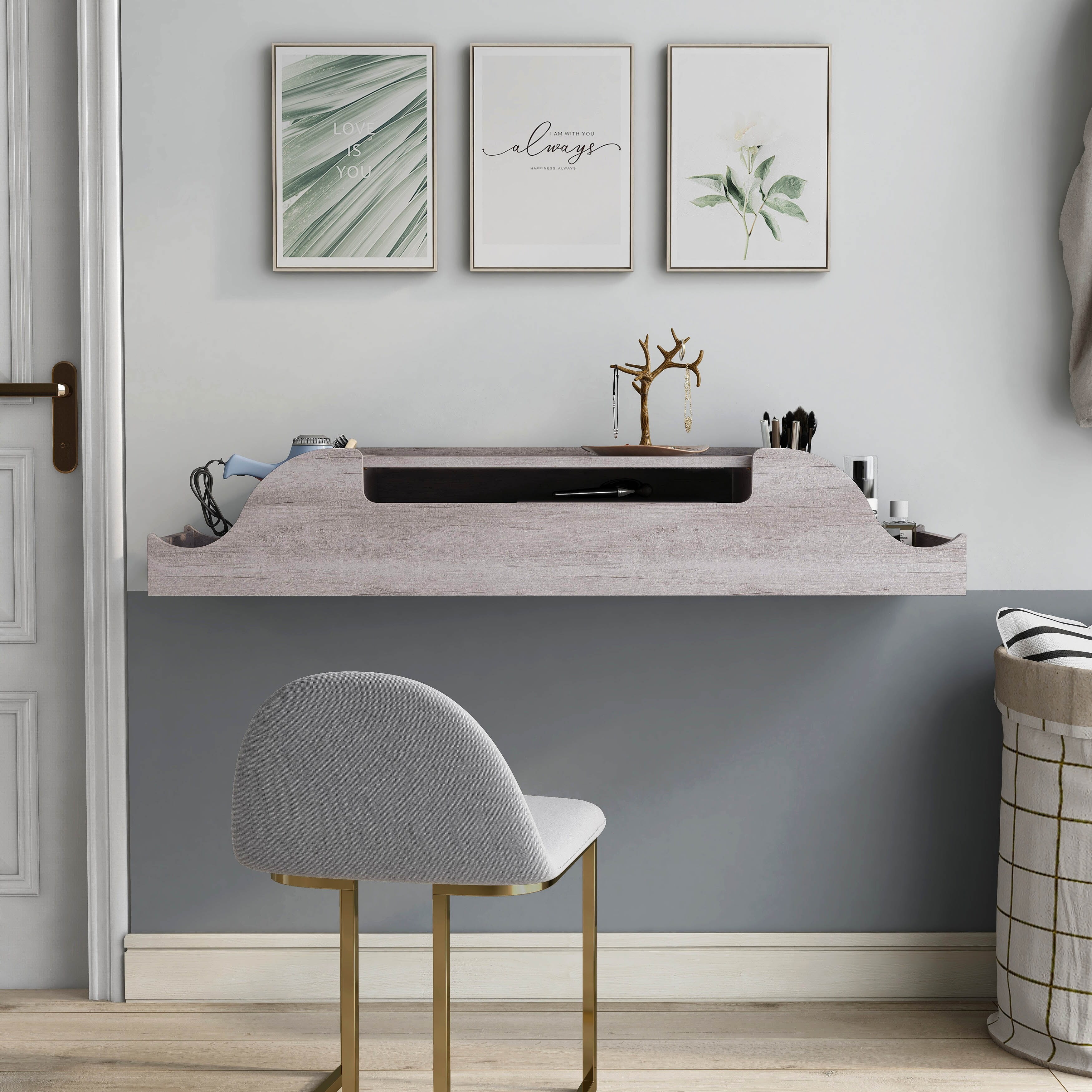 Denhour DH BASIC Contemporary White 47inch Wall Mounted Makeup Vanity by Coastal White