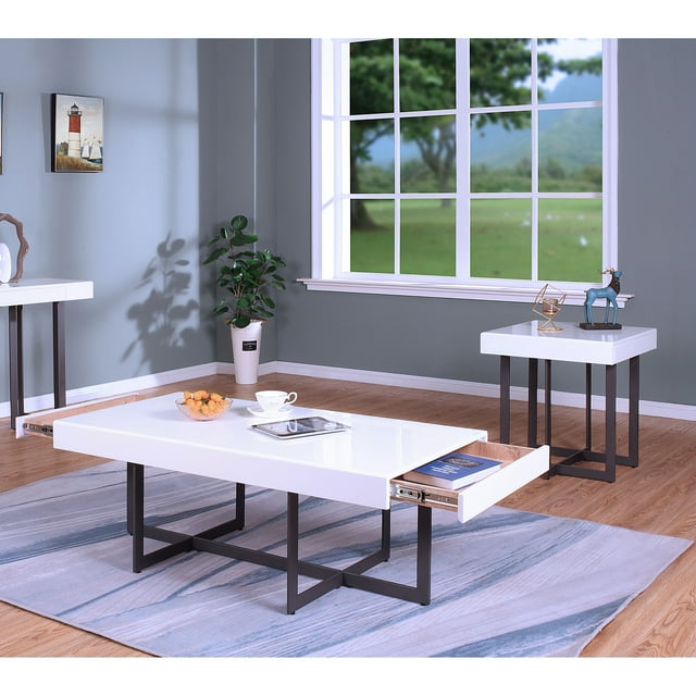 Denhour DH BASIC Contemporary White High Gloss Steel 2-Piece Storage Coffee Table Set by