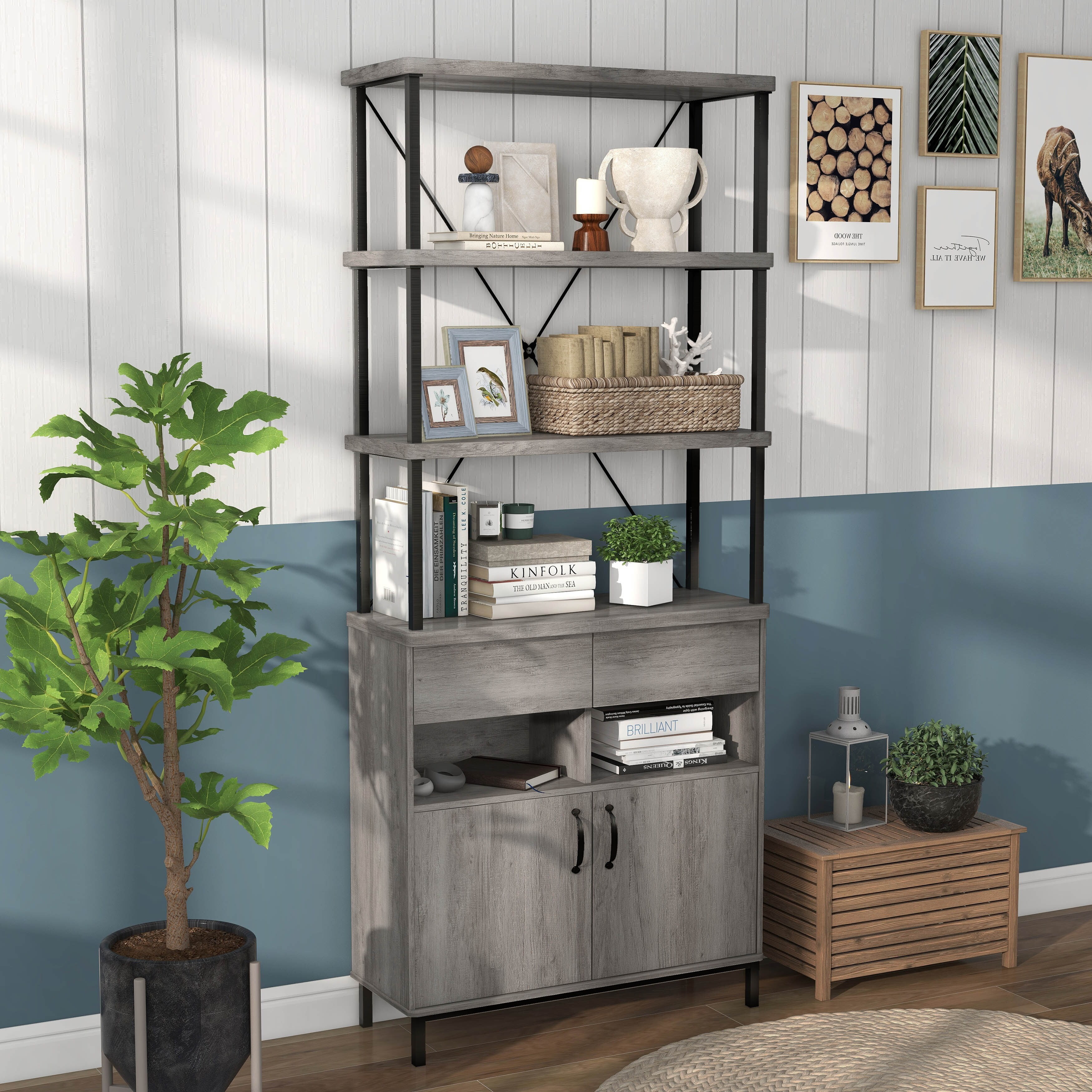 Denhour DH Basic Farmhouse Vintage Grey Oak 5-Shelf and 2-Drawer 2-Cabinet Bookcase by, Gray