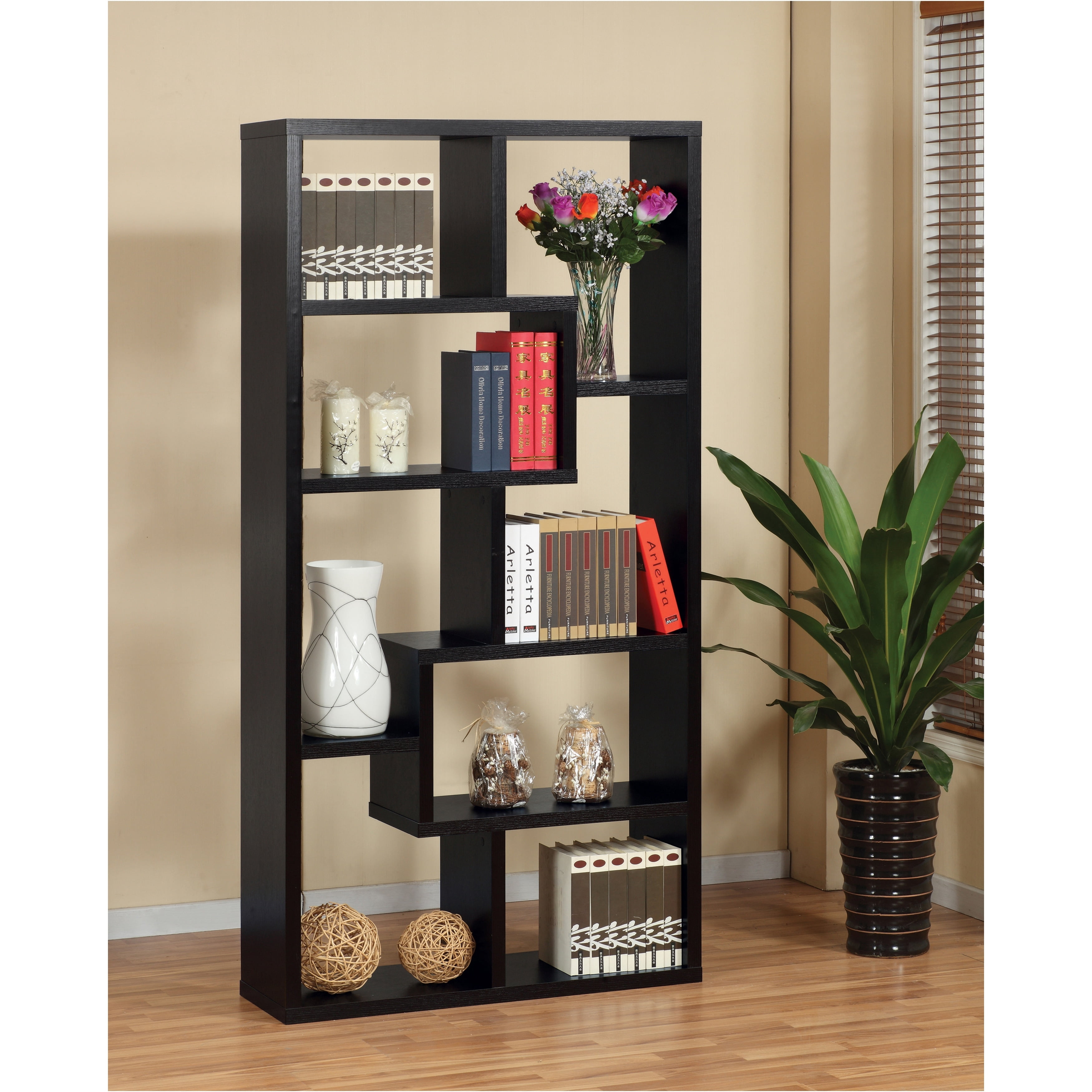 Denhour DH BASIC Modern Geometric 8-Shelf Open-Back Bookcase by Black ...