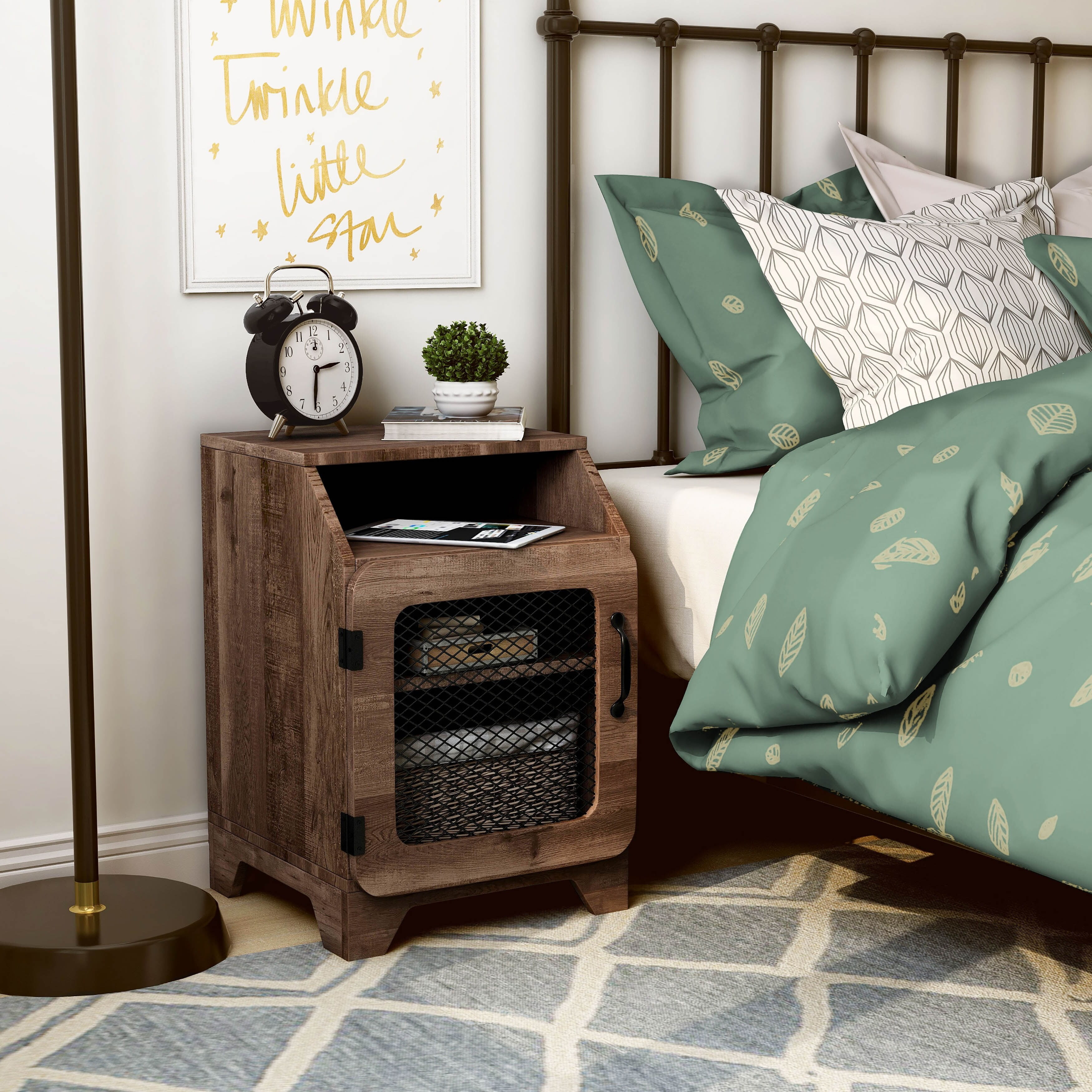 Rustic Oak 16-inch 3-Shelf End Table with Metal Mesh Door