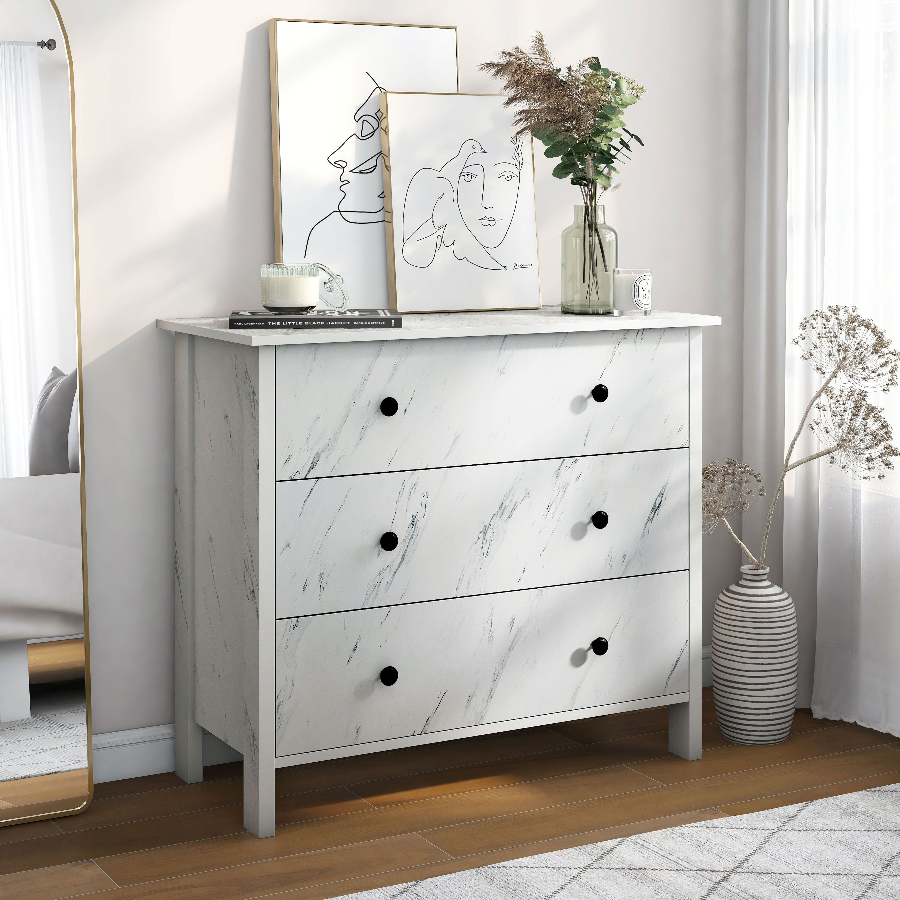 Denhour DH BASIC Transitional 34 inch Wide 3 Drawer Neutral Youth Dresser by White Marble