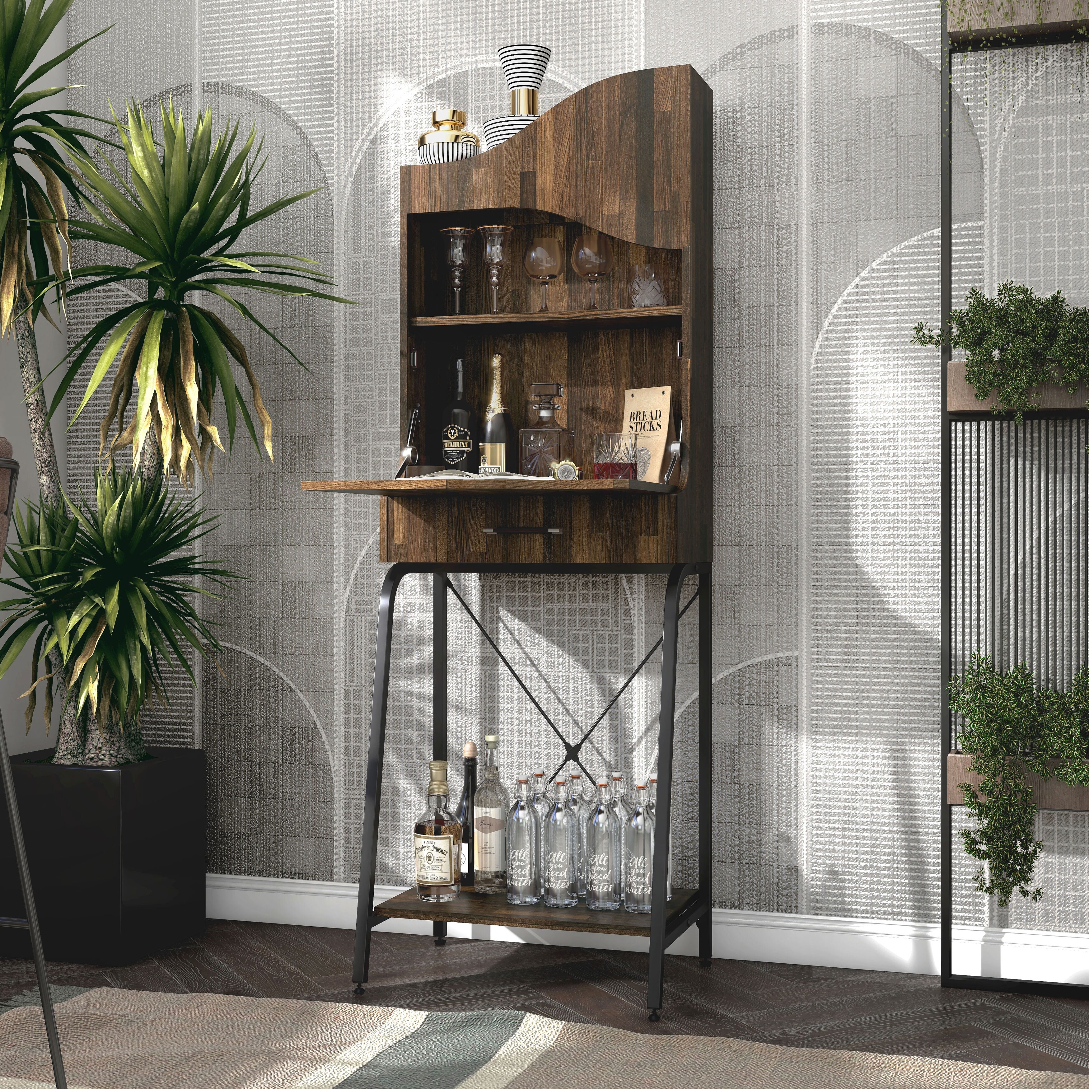 Denhour DH BASIC Urban Light Hickory 2-Open Shelf Mini Bar by