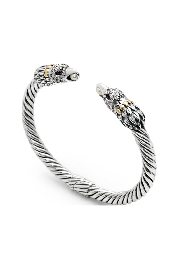 925 Sterling Silver and 18K Gold Cable Cuff Bracelet with Bird Head Design and Pearl | For Women, New Year, and Jewelry Gift