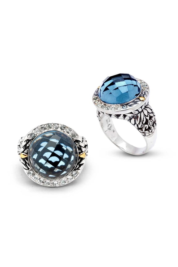 Gold & Silver ring, Blue quartz round checkerboard round 10mm, white topaz pave stones