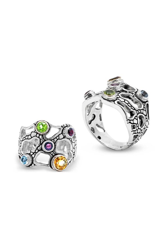 Silver Ring with Multi Semi Precious Stones, Crocodile motif