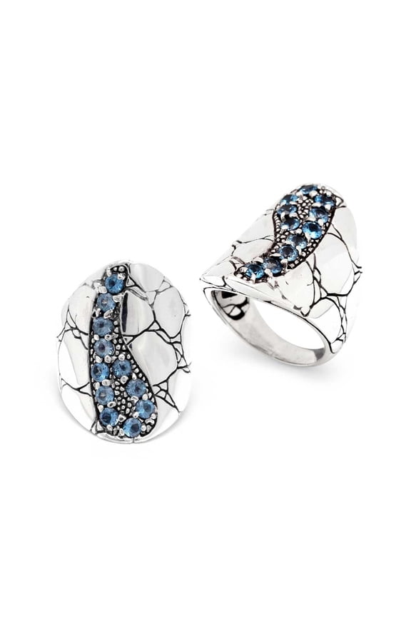 Silver ring crocodile motif, saddle, with blue topaz