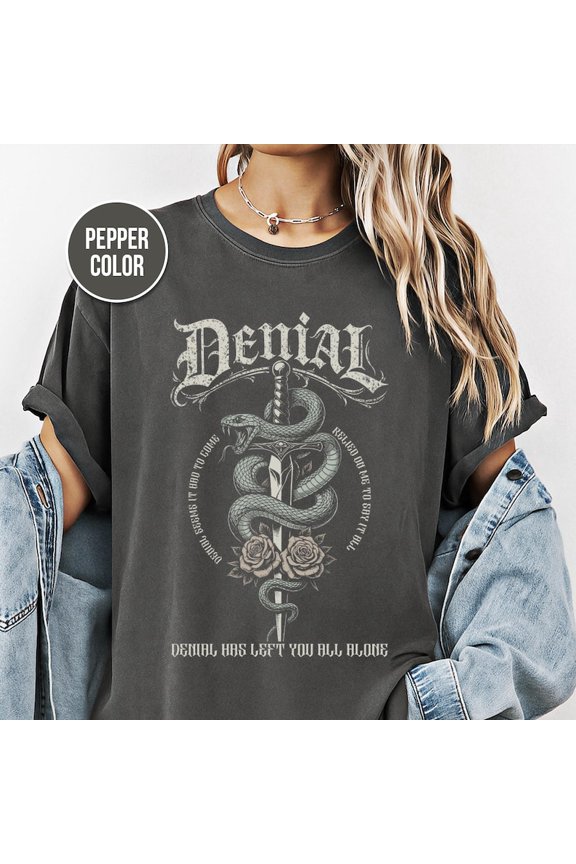 Denial Snake Sword Gothic Graphic Tee, Vintage Dark Metal Aesthetic Serpent and Dagger Artwork Comfort Colors Unisex Cotton T-Shirt, Sizes S-3XL