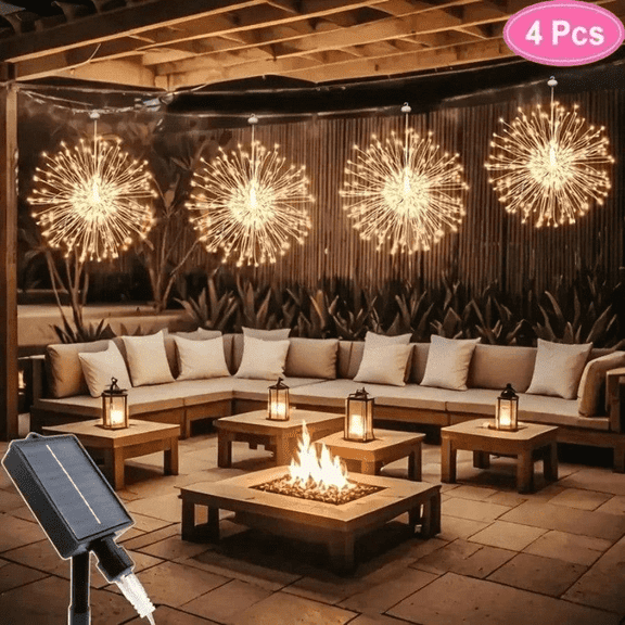 4 Pack Firework Starburst Lights 8 Modes LED Battery Operated Chandelier Star Lights with Remote, Hanging Ceiling Decor for Bedroom, Yard, Patio, Party, Christmas Decor