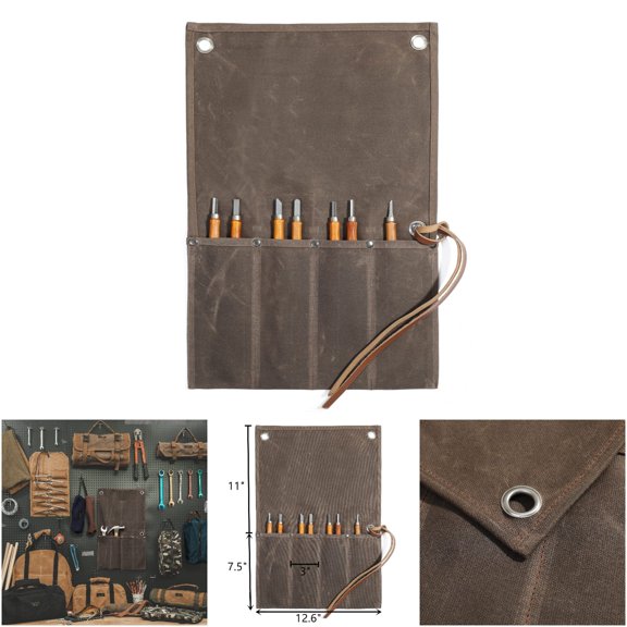 Denifiter MXM-4gongjvjuan_grey Waxed Canvas Tool Bag with 4 Pockets, 12.6" x 18.5" Grey Tool Roll Pouch for Hand Tools