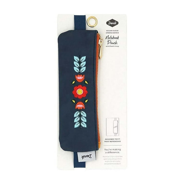 Evelynn Zipper Vegan Suede Notebook Pouch, 2 x 6.5, Blue with Embroidered Flower Evelynn Zipper Vegan Suede Notebook Pouch, 2 x 6.5, Blue with Embroidered Flower