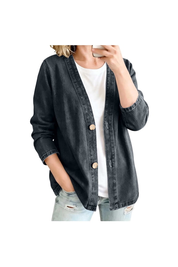 Denim 3/4 Sleeve Cardigans for Women Fashionable Vintage Long Sleeved V-neck Open Front Button-up Cardigan