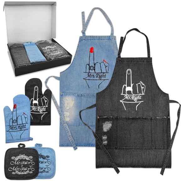 Denim Apron for for Kitchen Cooking BBQ Gardening, Mr and Mrs Aprons - Cool Bridal Shower Gifts for Bride & Groom, Wedding Gifts for Couple