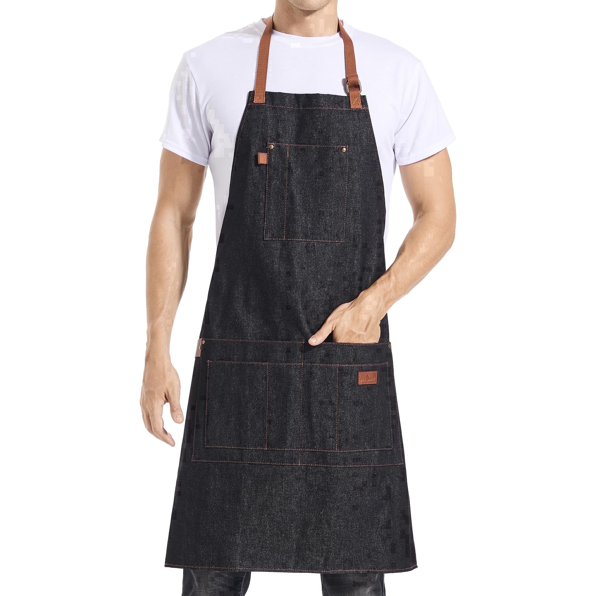 Denim Apron with Pockets for Men Women Large Bib Apron for Cooking Grilling Baking Working Gift