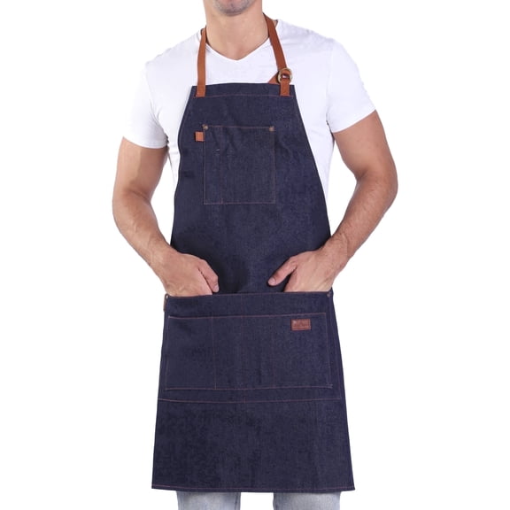Durable Denim Apron with Large Pockets, Blue Bib Work Apron for Men Women, Kitchen, BBQ, Gardening, Crafting