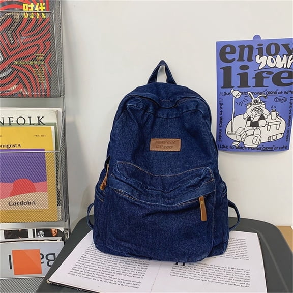 Denim Backpack for High School Students with Large Capacity and Ergonomic Spine Support Designed for Casual Campus Commute and Social Gatherings Dark Blue