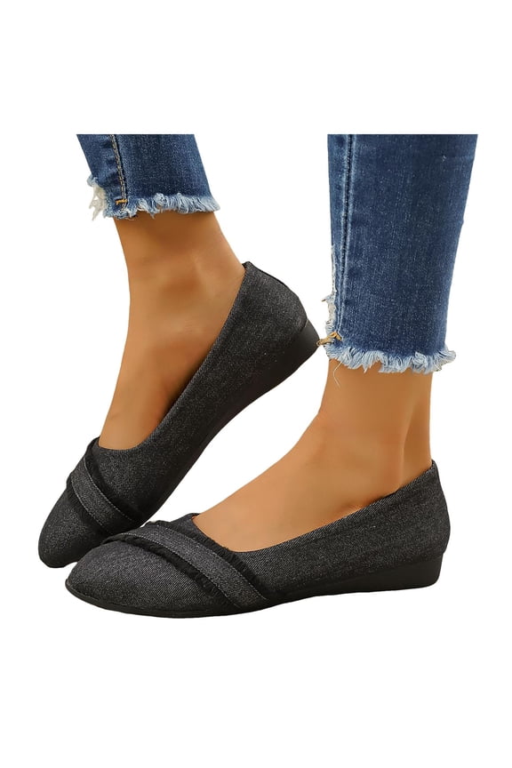 Denim Ballet Flat Shoes for Women Trendy Fringe Round Toe Nonslip Comfy Soft Sole Walking Shoes Casual Dressy Wedding Shoes Black Size 7