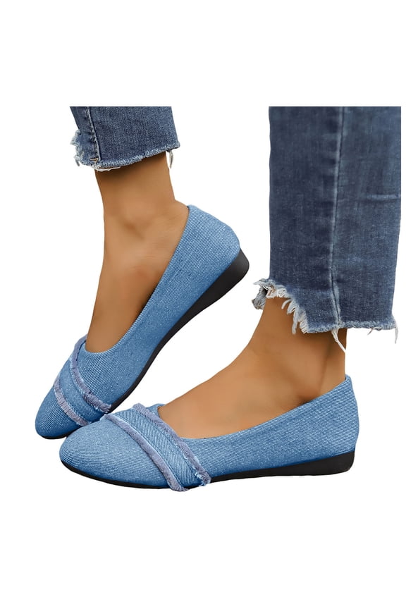 Denim Ballet Flat Shoes for Women Trendy Fringe Round Toe Nonslip Comfy Soft Sole Walking Shoes Casual Dressy Wedding Shoes Sky Blue Size 9