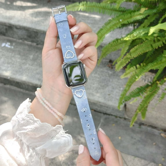 Denim Band Women Heart Design for Apple Watch 42(Series 1/2/3)/44/45/46/49mm, Canvas Fashion Replacement Strap for iWatch Series 10 9 8 7 6 5 4 3 2 1 SE Ultra, with Metal Buckle, Lightblue