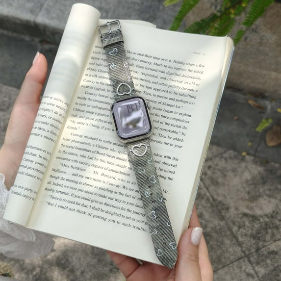 Denim Band Women Heart Design for Apple Watch 42(Series 1/2/3)/44/45/46/49mm, Canvas Fashion Replacement Strap for iWatch Series 10 9 8 7 6 5 4 3 2 1 SE Ultra, with Metal Buckle, Green