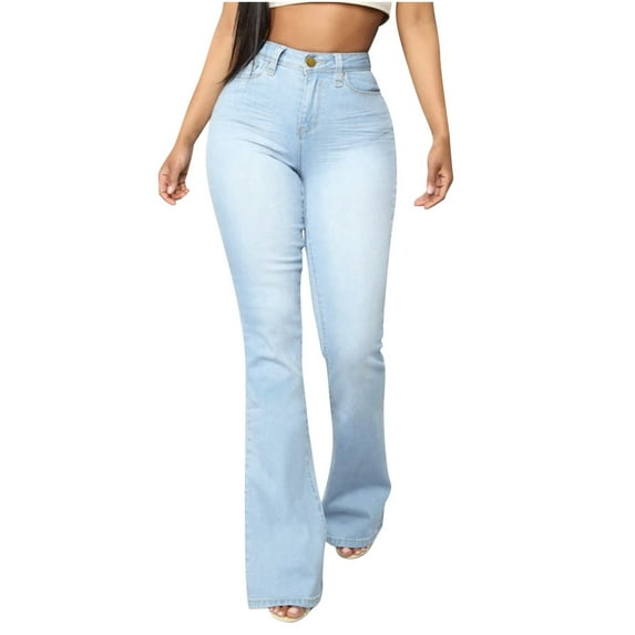 Denim Bell Bottom Pants for Women Plus Size High Waist Wash Jeans with Pockets Solid Color Buckle Flare Leg Trousers