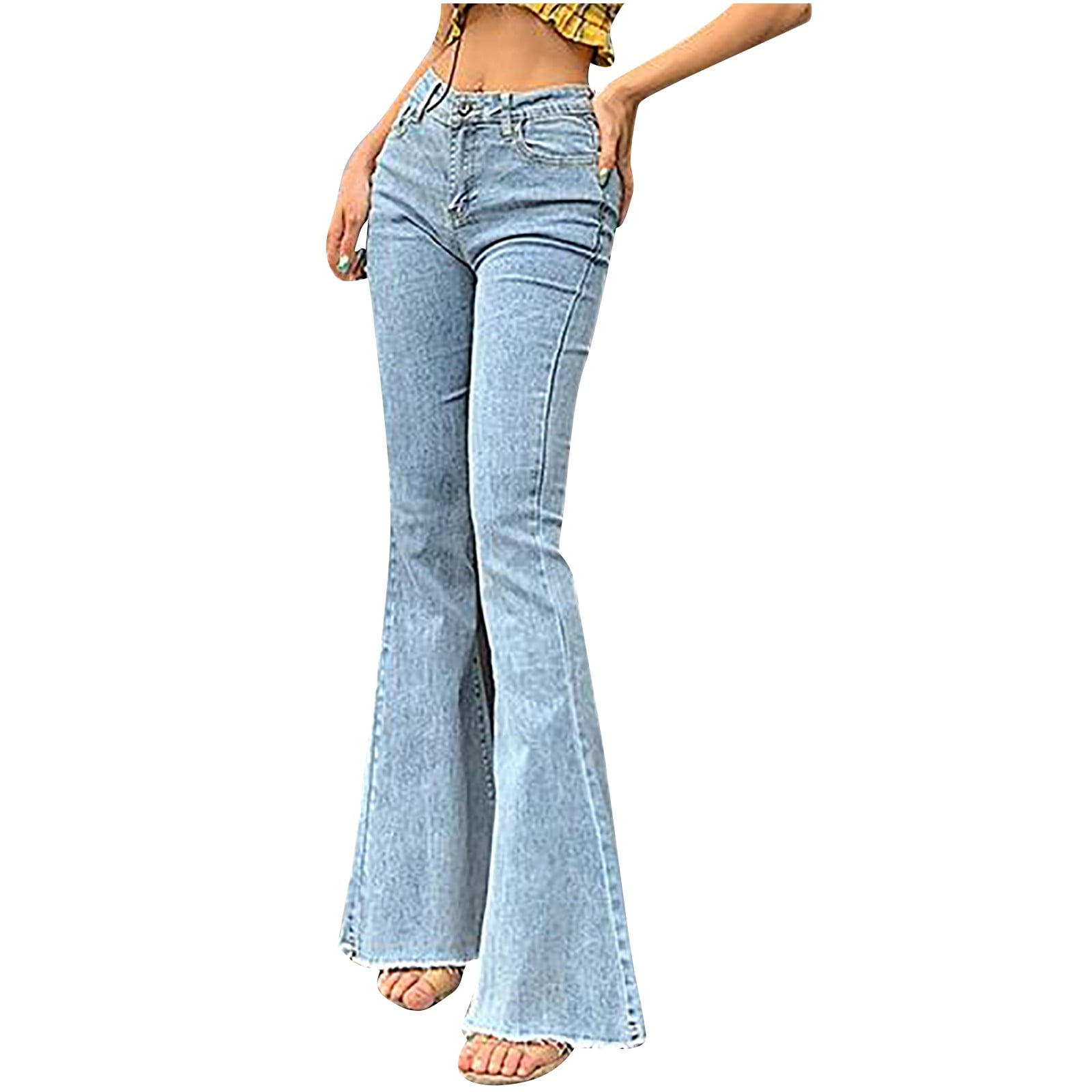 Denim Bell Bottom Pants for Women Solid Color High Waist Flare Leg Trousers  with Pockets Slim-Fit Raw Hem Ankle Jeans