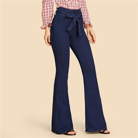 Denim Bell Bottom Pants for Women Tie High Waist Flare Leg Jeans with Pockets Slim-Fit Solid Color Floor Length Trousers