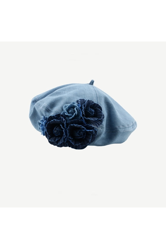 Denim Beret Hat Painter Hat for Women French Hat Artist Hat Casual Sun Hat with Adjustable Strap 3D Flower-lightblue-