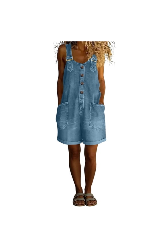 Denim Bib Overalls for Women Jean Shorts with Pockets Adjustable Strap Wide Leg Baggy Short Romper Jumpsuits (L, Light Blue)