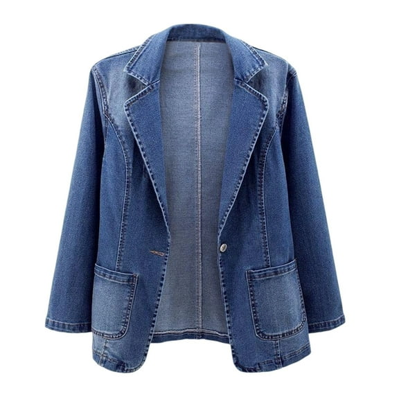 Denim Blazer for Women 2025 Classic Notch Lapel One Button Long Sleeve Slim Fit Office Jean Jacket Outerwear