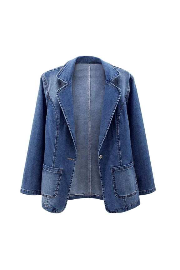 Denim Blazer for Women 2025 Classic Notch Lapel One Button Long Sleeve Slim Fit Office Jean Jacket Outerwear