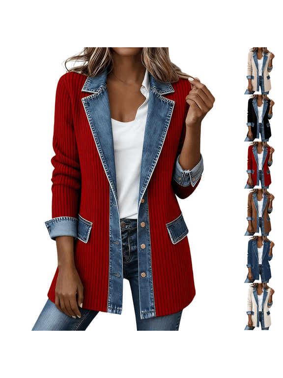 Denim Blazer for Women Corduroy Patchwork Denim Cardigan for Women Red S