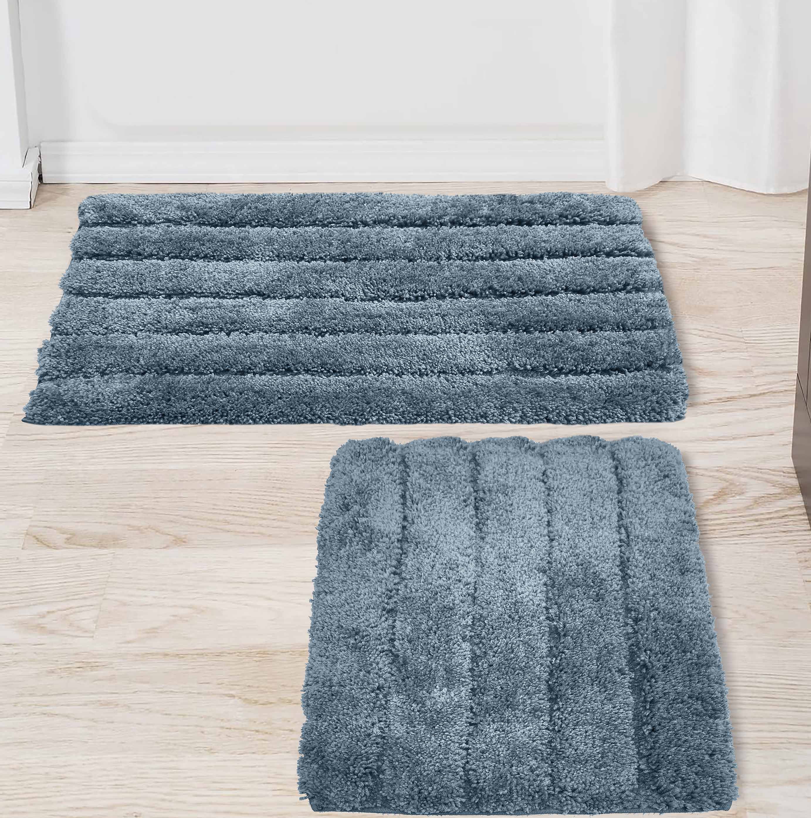 Denim Blue 2 Piece Bath Mat Set -Solid Striped Bathroom Mat Soft Plush Thick