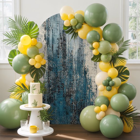 Denim Blue Arch Backdrop Cover, 4FT, Cream Blue Ink Bleeding Abstract Splatter Style Shabby Chic Spandex Arch Covers Double-Sided Backdrop for Wedding Birthday Party Photo Background Decoration