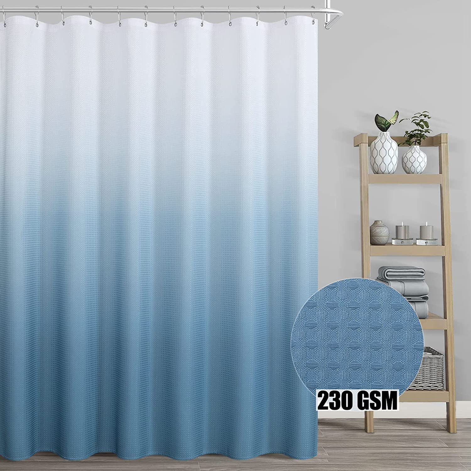 Denim Blue Bathroom Shower Curtain Set with Hooks,230GSM Waffle Weave