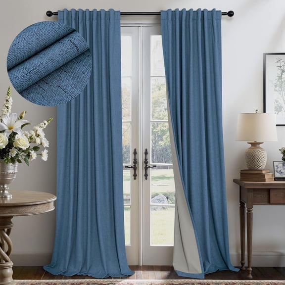 Denim Blue Blackout Curtains 84 inch Length, Faux Linen 100% Room Darkening Soundproof Drapes 2 Panels Back Tab Pocket Country Style for Bedroom Living Room
