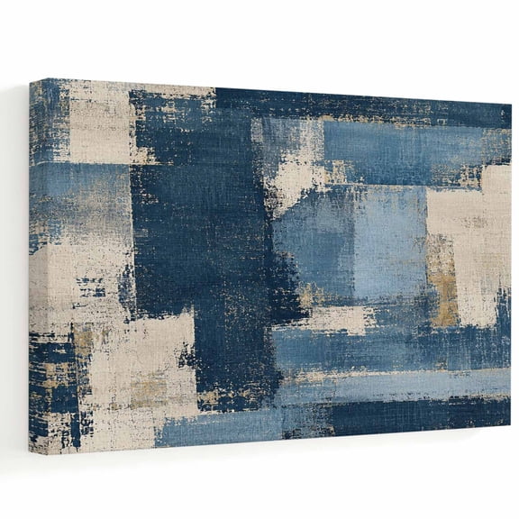 Denim Blue Canvas Wall Art 16" x 12" Cream Blue Color Block Patchwork Abstract Splatter Style Frame Picture Prints, Ready to Hang Waterproof Artwork Decor for Bedroom, Office, Bathroom Entryway