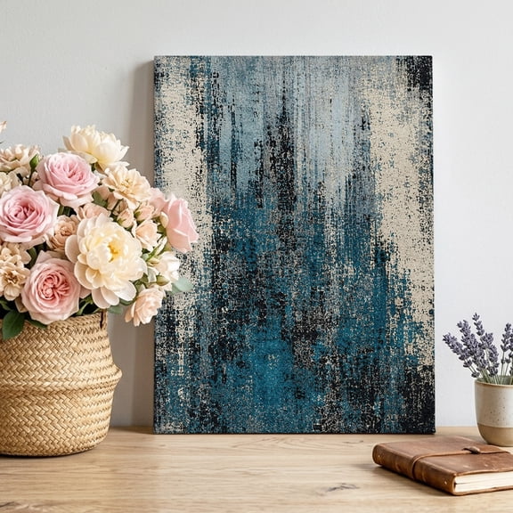 Denim Blue Canvas Wall Art, Cream Blue Ink Bleeding Abstract Splatter Style Shabby Chic Framed Canvas Wall Decor Picture Print Artwork Decorations for Living Room Office Ready to Hang 24" x 20"