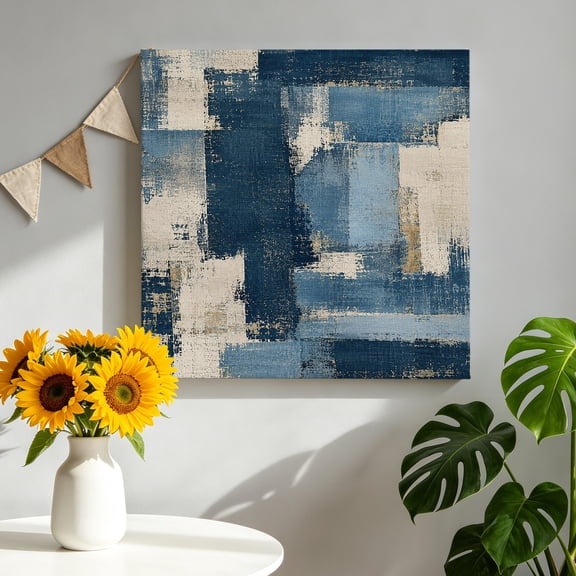 Denim Blue Canvas Wall Art for Living Room, Cream Blue Color Block Patchwork Abstract Splatter Style Poster Print Painting for Bedroom Office Home Decoration Wall Pictures Prepare To Hang 8"x8"