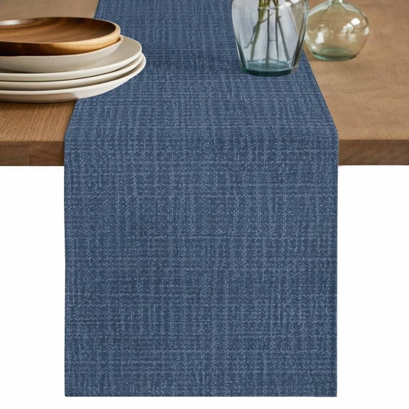 Denim Blue Color Table Runner, Abstract Woven Texture Vintage Minimalist Washable Cotton Linen Table Runners 48 Inches Long, Dresser Scarf Runner for Nightstand/Coffee/End Tables 13''x48''