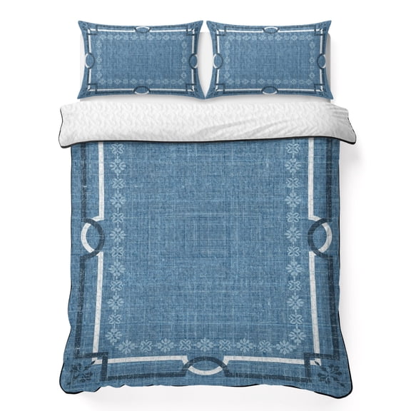 Denim Blue Farmhouse 3 Piece Quilt Bedding Set with 2 Pillow Shams, Linen Texture Geometric Lines Floral Lightweight Bedspread Coverlet, Soft Breathable All Season Quilt, 79 x 90 Inch