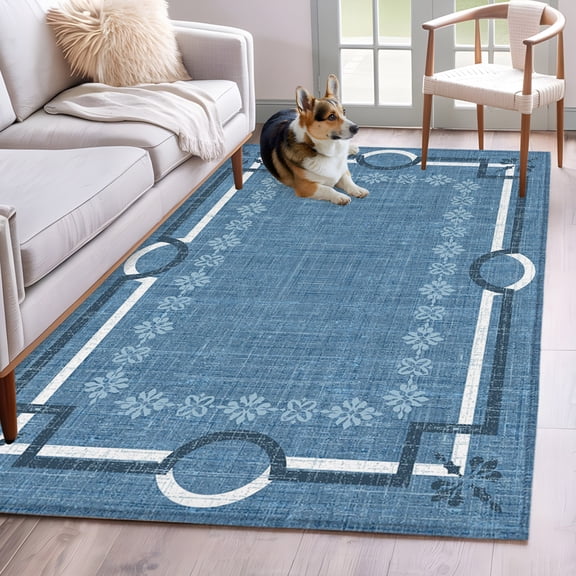 Denim Blue Farmhouse Hallway Washable Runner Rug 2.7x5 Linen Texture Geometric Lines Floral Low-Profile Large Area Rugs with Non Slip Backing Indoor Floor Carpet for Entrance Living Room Bedroom