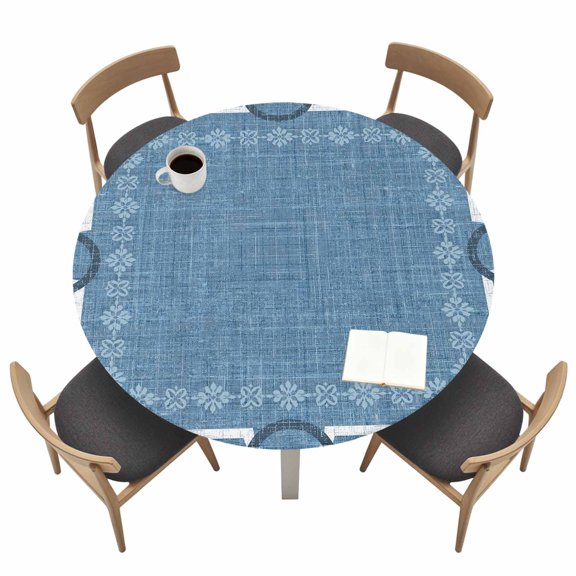 Denim Blue Farmhouse Round Fitted Table Cover Linen Texture Geometric Lines Floral Waterproof Table Cloth with Elastic Edge Wipeable Tablecloth for Picnic Camping Party Fits 45"-54" Tables